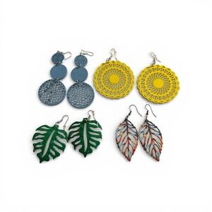 Boho Statement Earrings Bundle 4 Pairs |Wood Laser Cut Leaf & Floral Lightweight